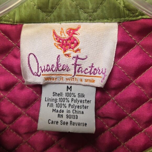 The Quacker Factory Silk Quilted Blazer Jacket Rhinestones Medium Green Pink QVC - Picture 2 of 13
